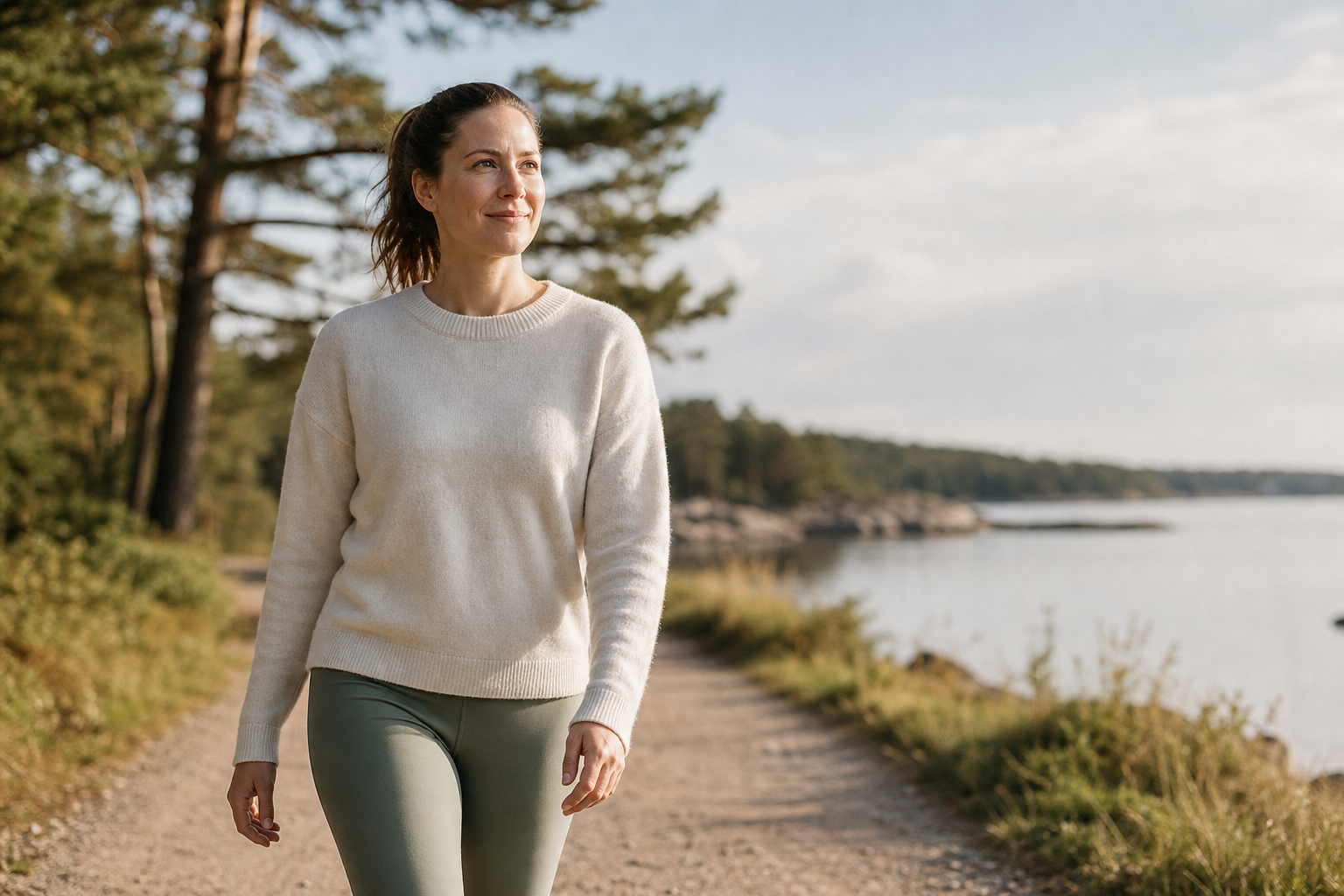 Naine kõnnib rahulikul hommikuteel looduses, pehme päikesevalgus, igapäevase liikumisharjumuse meeleolu