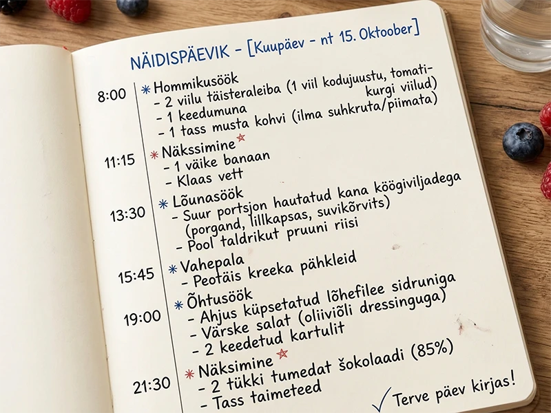 Näidispäevik: käsitsi kirjutatud toidupäevik märkmikus